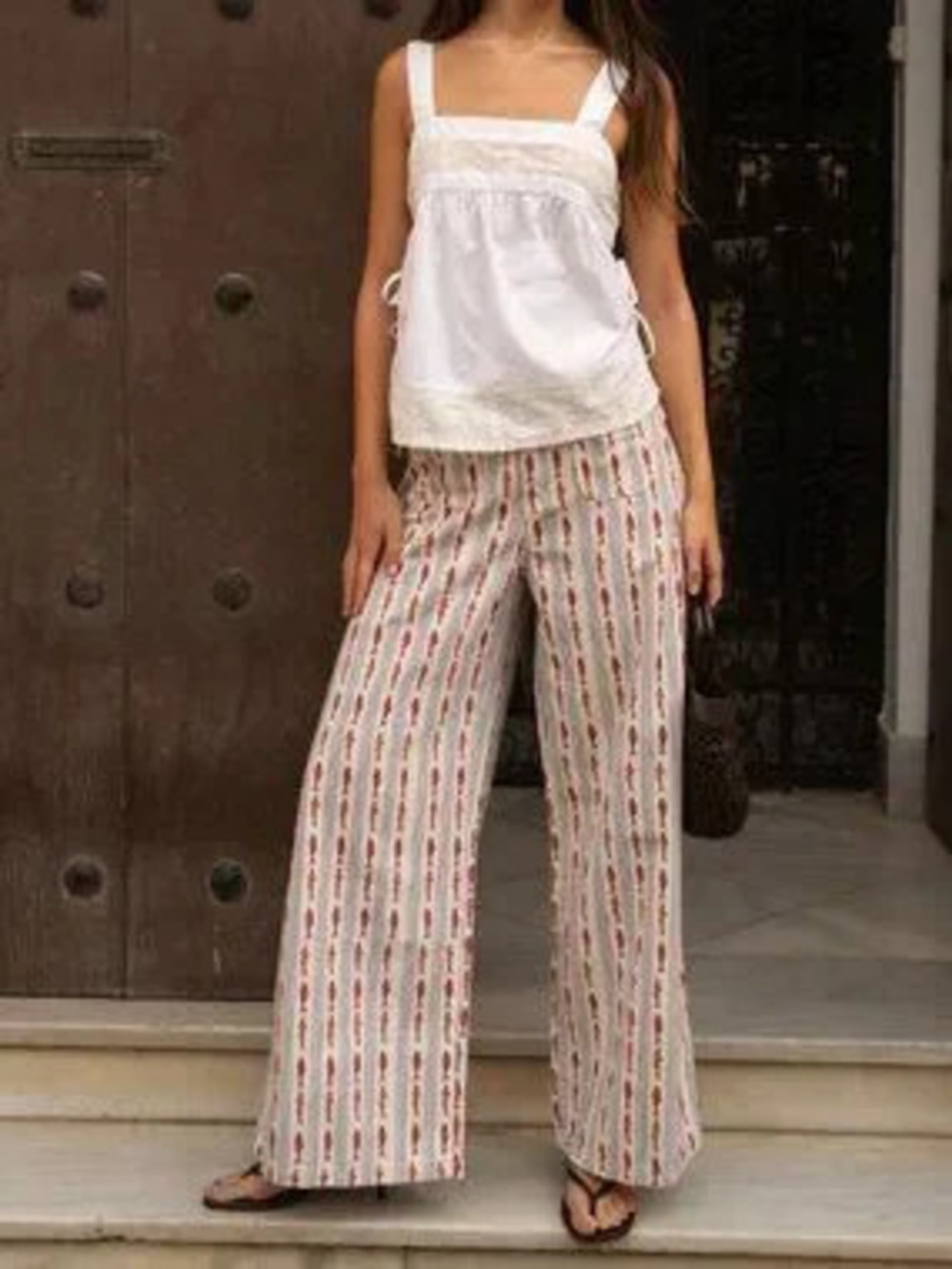 Apricot Casual Women's Striped Wide-Leg Mid-Rise Pants
